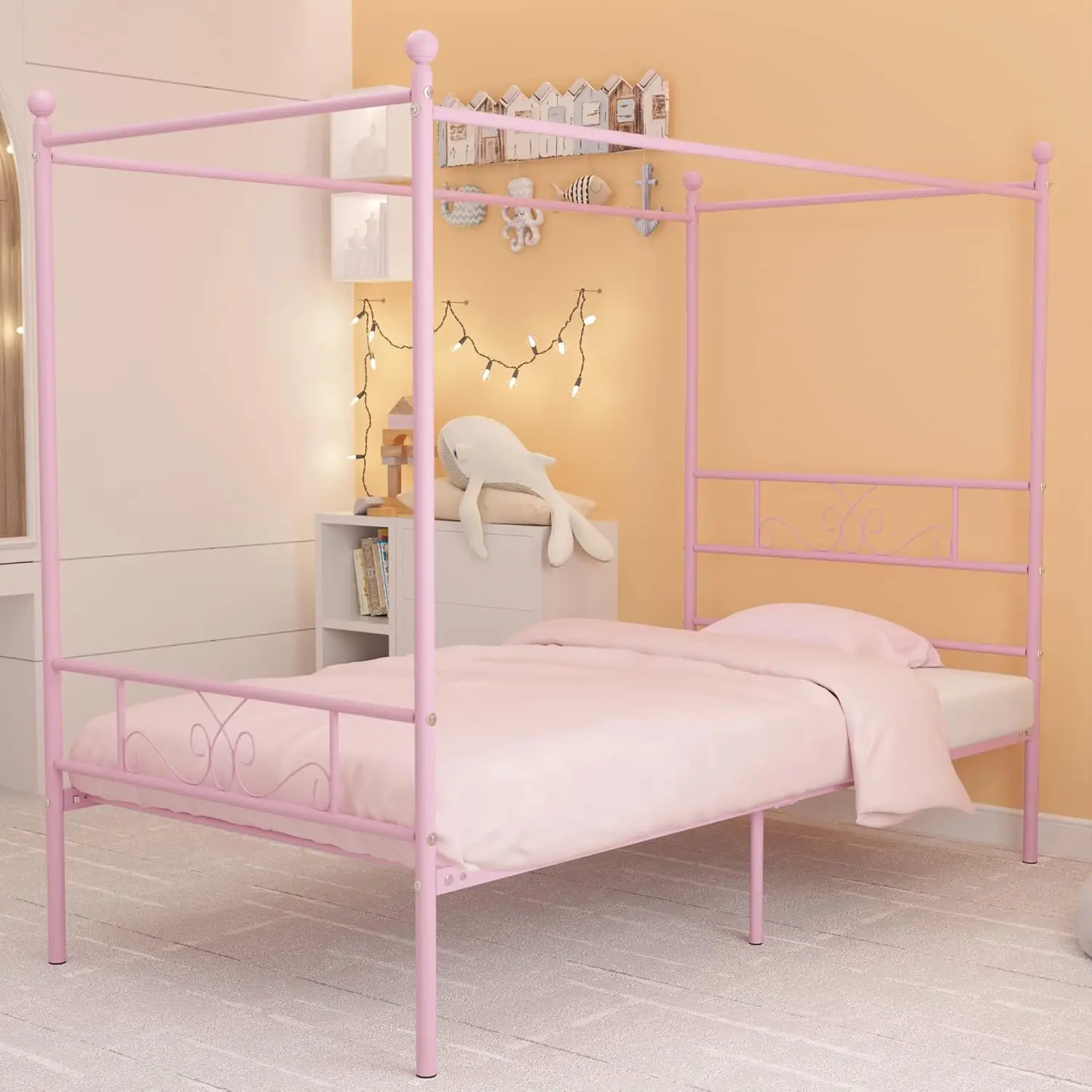 Twin hemelbedframe met hoofdeinde en voeteinde, 4-posters metalen bedframe, geen boxspring nodig, matrasfundering