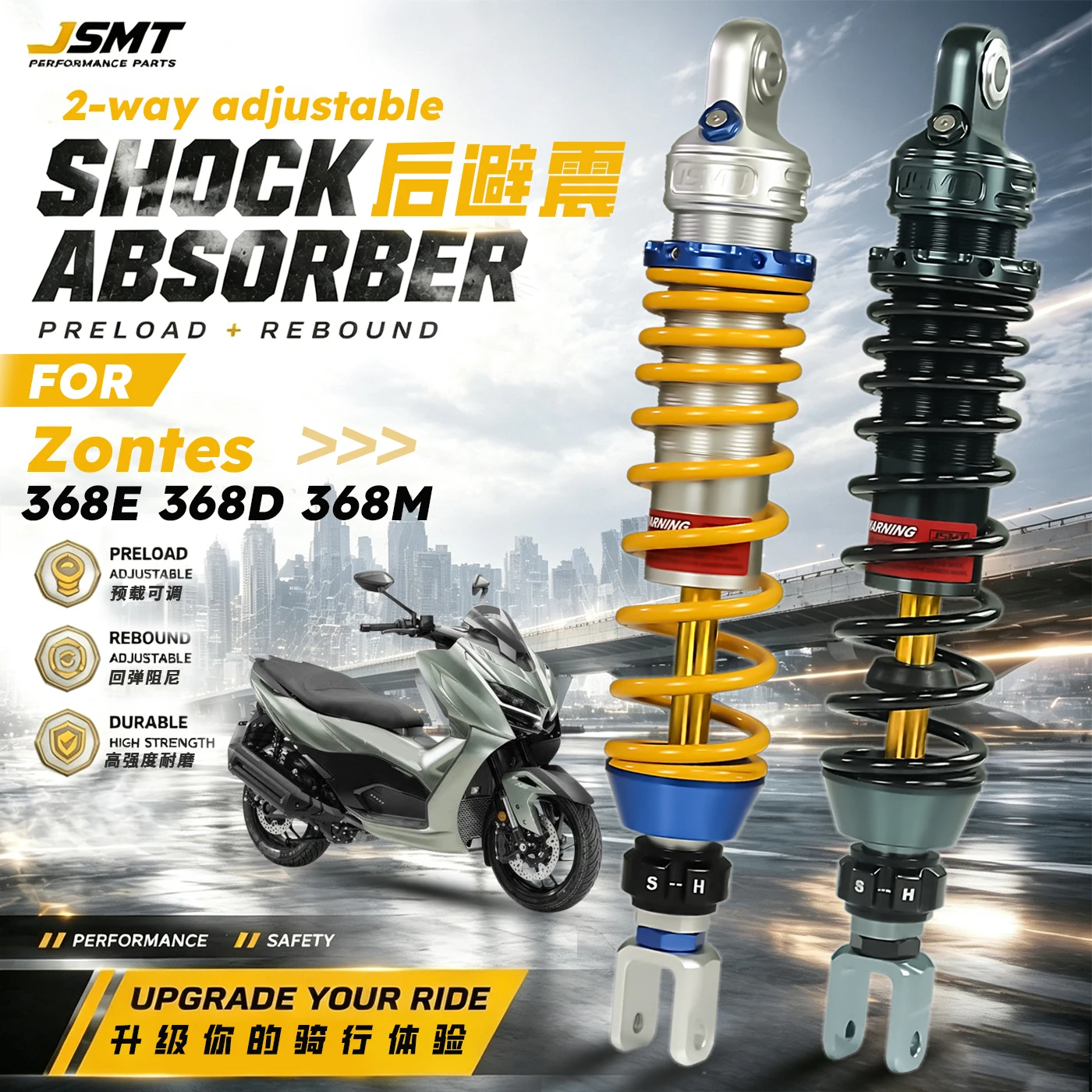 JSMT FOR Zontes 368E 368D 368M 368K Rear Shock Absorber Dual Adjustable Preload & Rebound Damping Suspension
