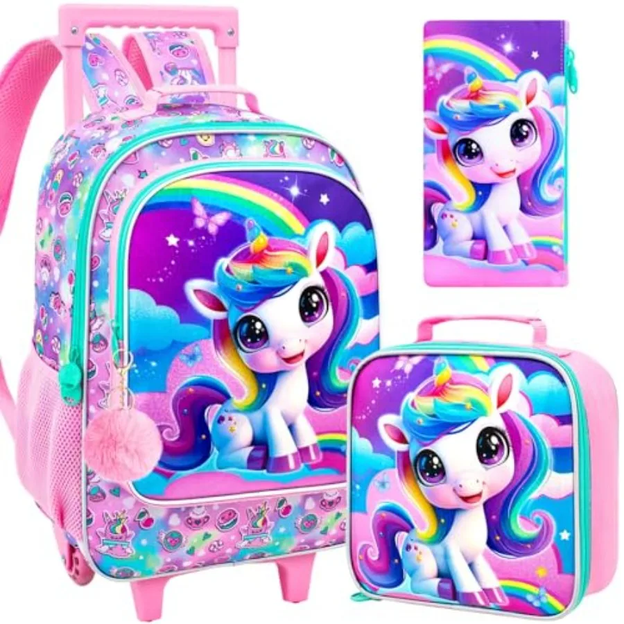 

3PCS Rolling Backpack for Girls Boys, Roller Wheeled Bookbag with Lunch Box, Backpacks with Wheels for Elementary