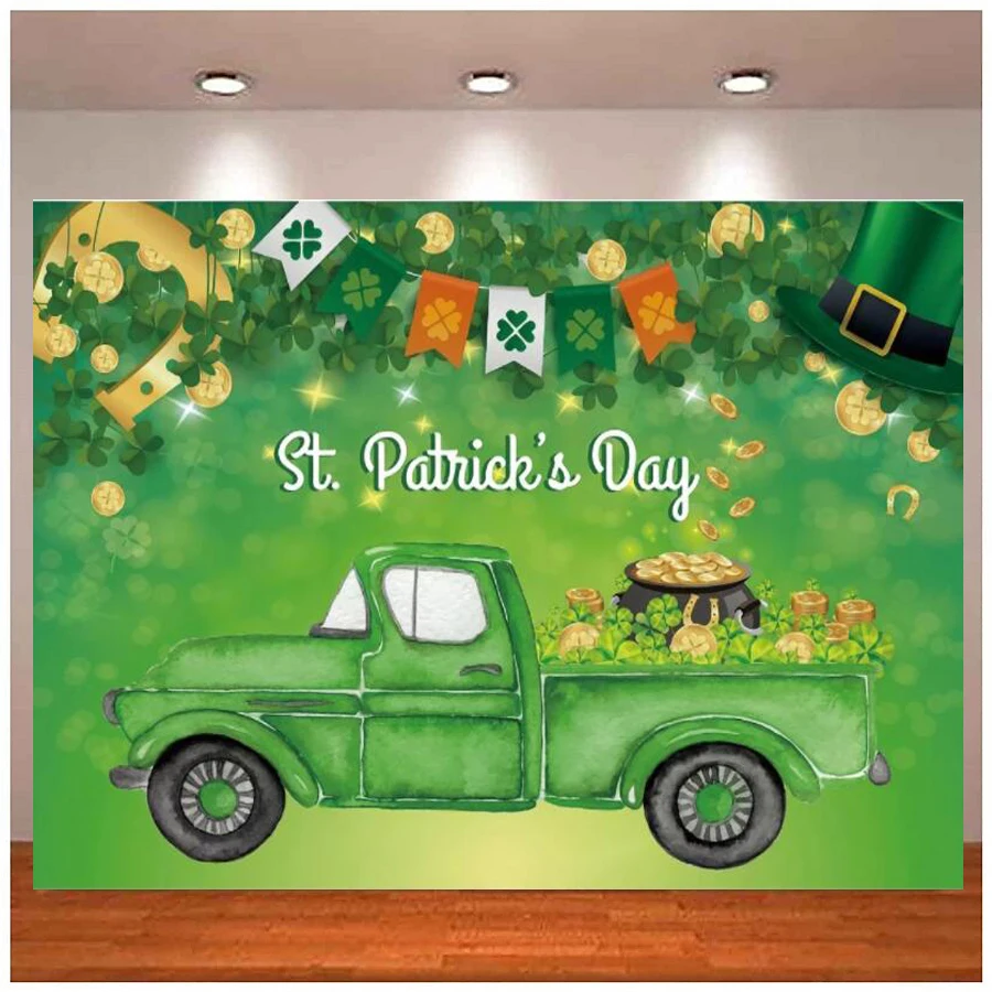 

Happy St. Patrick's Day Lucky Shamrock Gold Photo Background Family Party Decor Car Top Hat Pattern Child Photography Backdrop