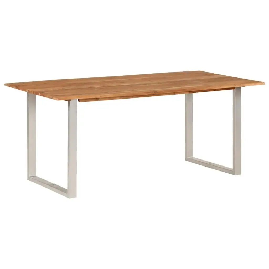 vidaXL Table à manger en bois d'acacia massif avec pieds en acier thermolaqué argenté 180x90x76cm Bord naturel poli, peint et verni, table de cuisine DIY
