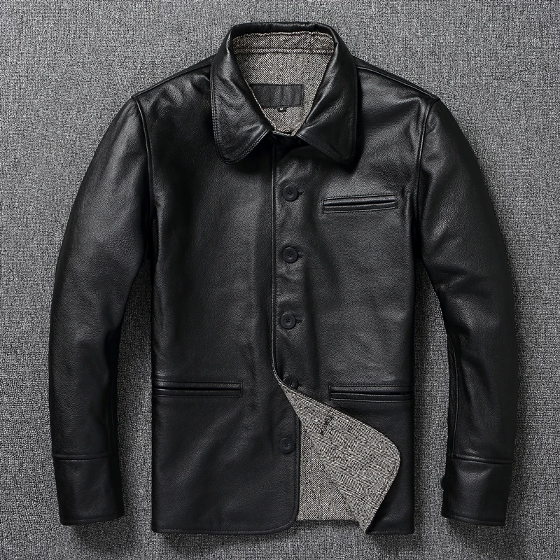 

New Sle Men's Genuine Leather Jaet Top Layer Cowhide Slim Fit Collar Mid-Length Casual Leather Coat Trendy Busin Casual