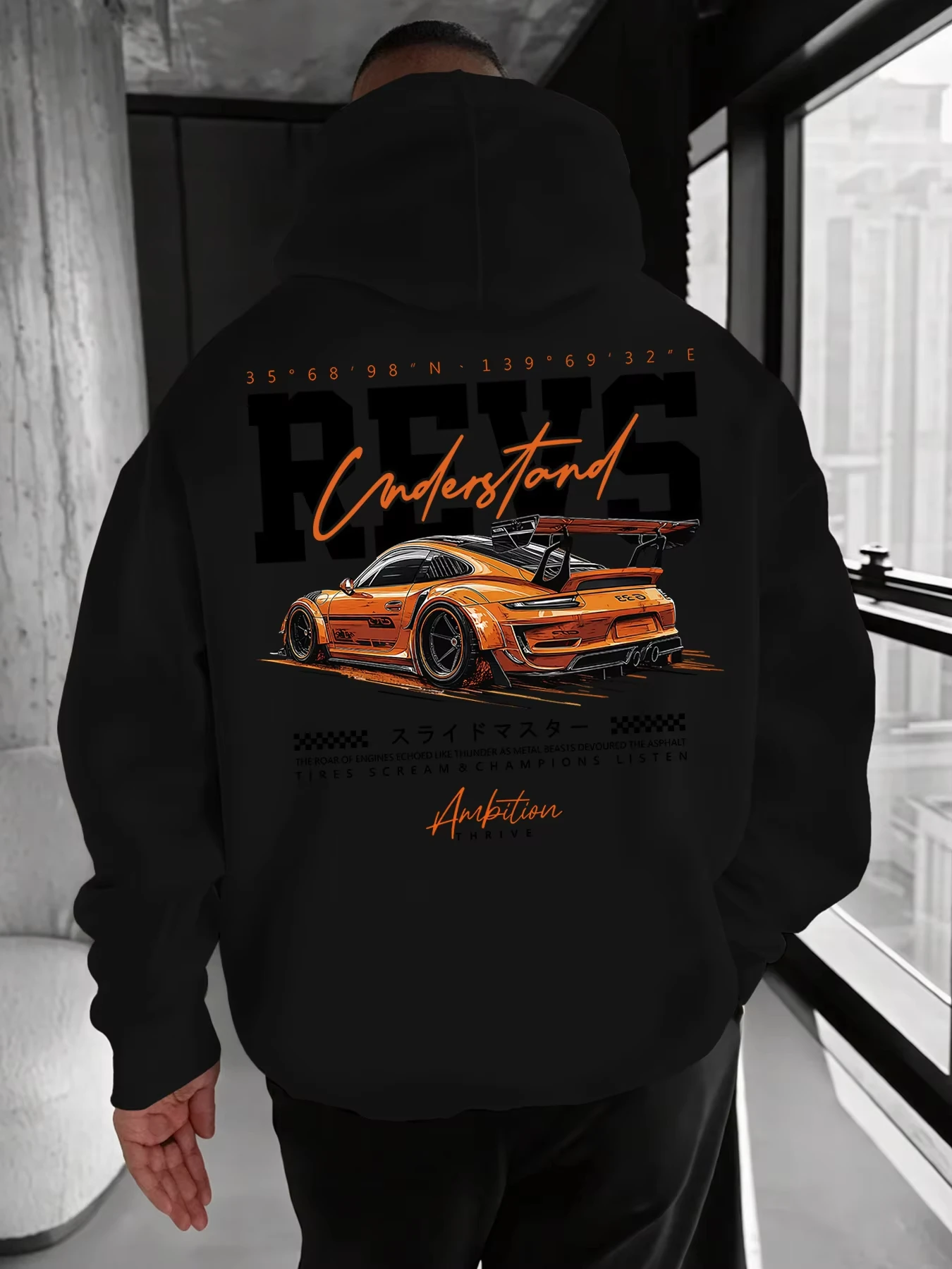 2025 Black Hoodie with White JDM Car and Pink Cherry Blossom Back Print, Japanese Street Style Pullover