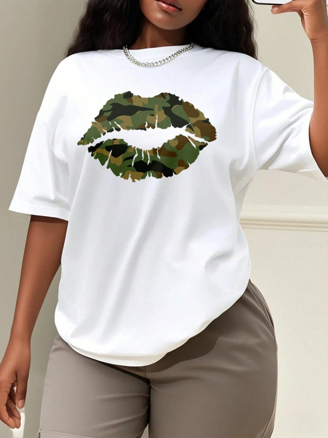 Dames plus size camouflage lipprint T-shirt katoen ademend modieus en veelzijdig unisex streetwear oversized
