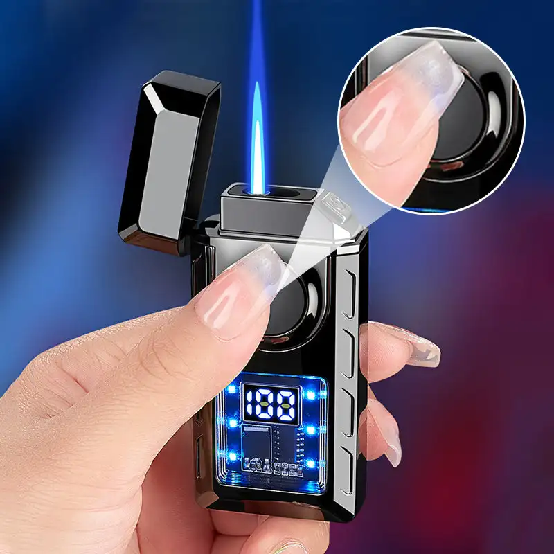 Intelligent Dual Flame Transparent Color Light Visual Movement Inflatable Windproof Lighter Ignition Frequency Display