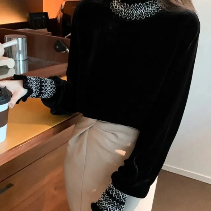 French Style Fashion Autumn Winter Women\'s Golden Velvet Mock Neck Patchwork Simplicity Office Lady Long Sleeve Loose Shirts Top