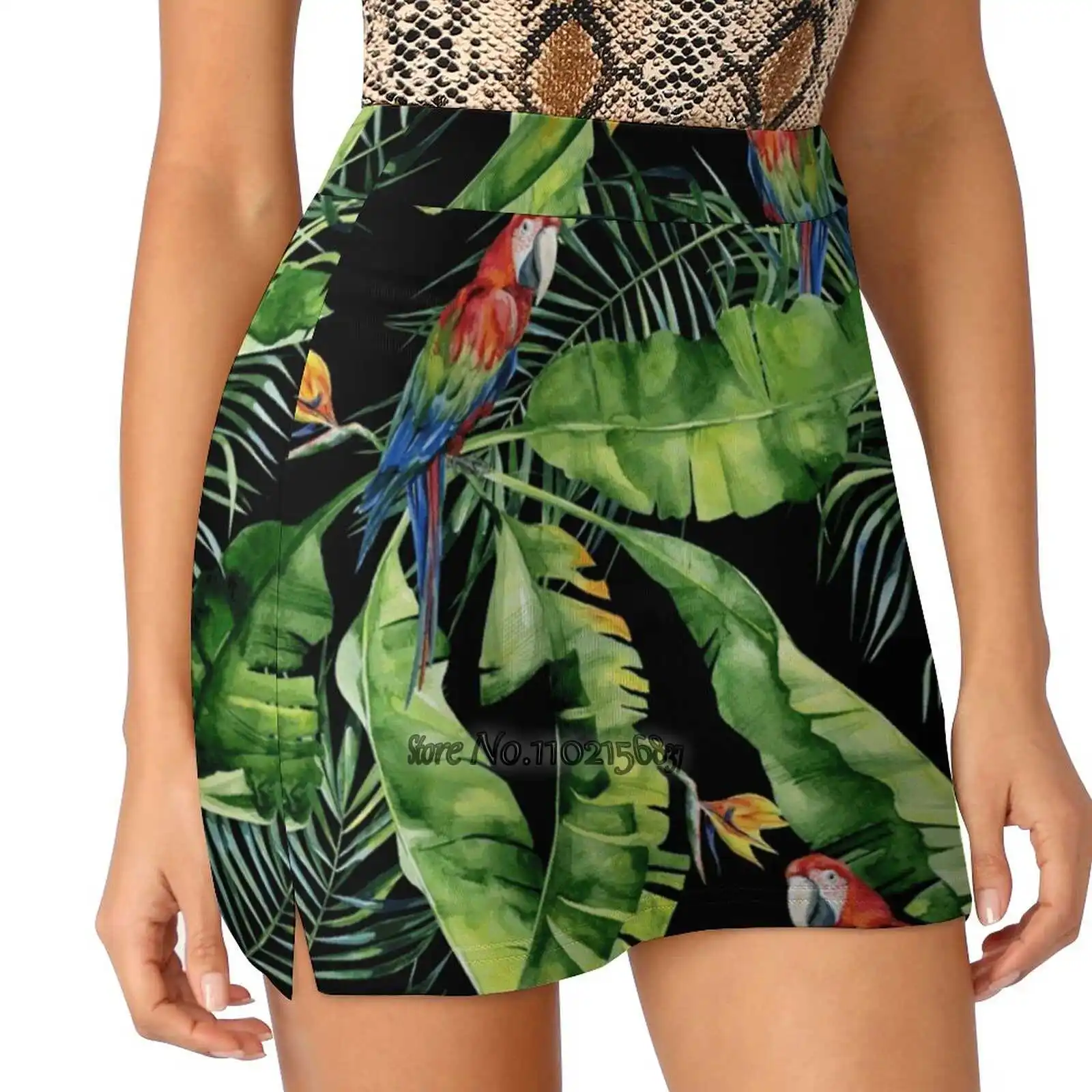 Seamless Watercolor Illustration Of Tropical Leaves Dense Tennis Golf Skirt Sexy A-Line Harajuku Shorts Skirt With Phone