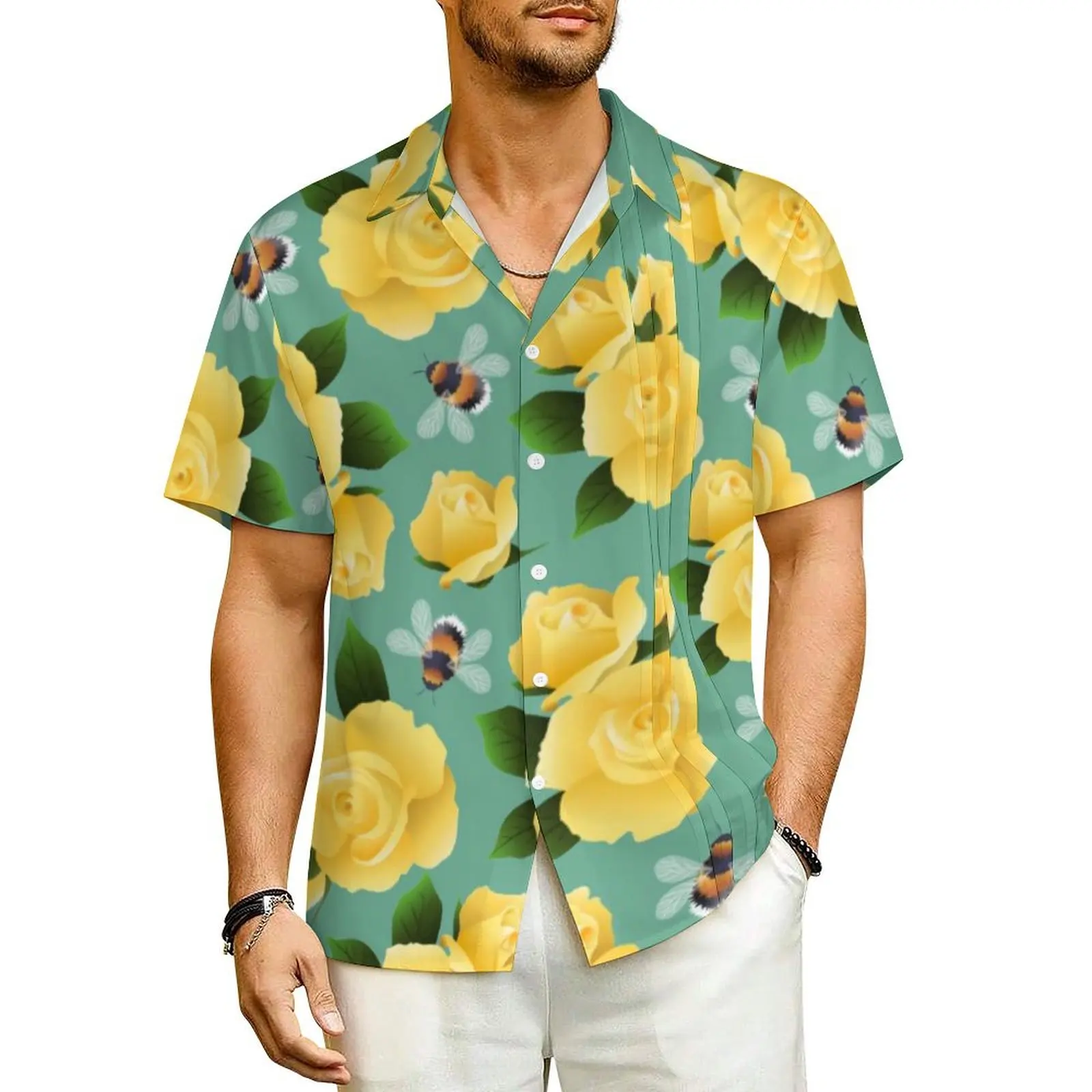

Летняя Повседневная рубашка с принтом летающих пчел, крутые летние рубашки с принтом желтых роз, мужская пляжная уличная одежда с коротким рукавом, блузки с графическим рисунком размера плюс 4XL