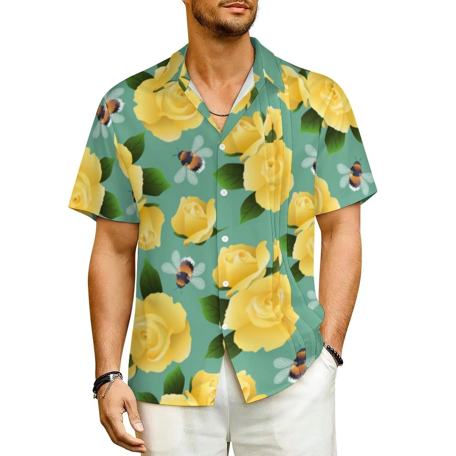 Flying Bees Casual Shirt Yellow Roses Print Cool Summer Shirts Men Short Sleeve Beach Streetwear Graphic Plus Size 4XL Blouses