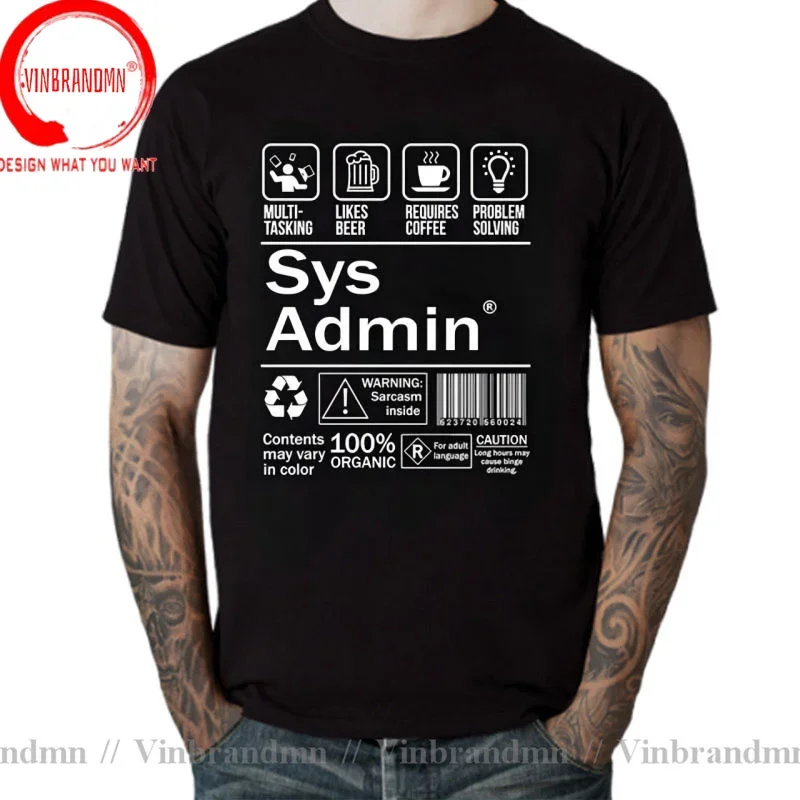 New Men's T-Shirt Cartoon Funny T-Shirt Fashion Sys Admin T-Shirt System Administrator Product Label Linux Coffee Brand Clothing