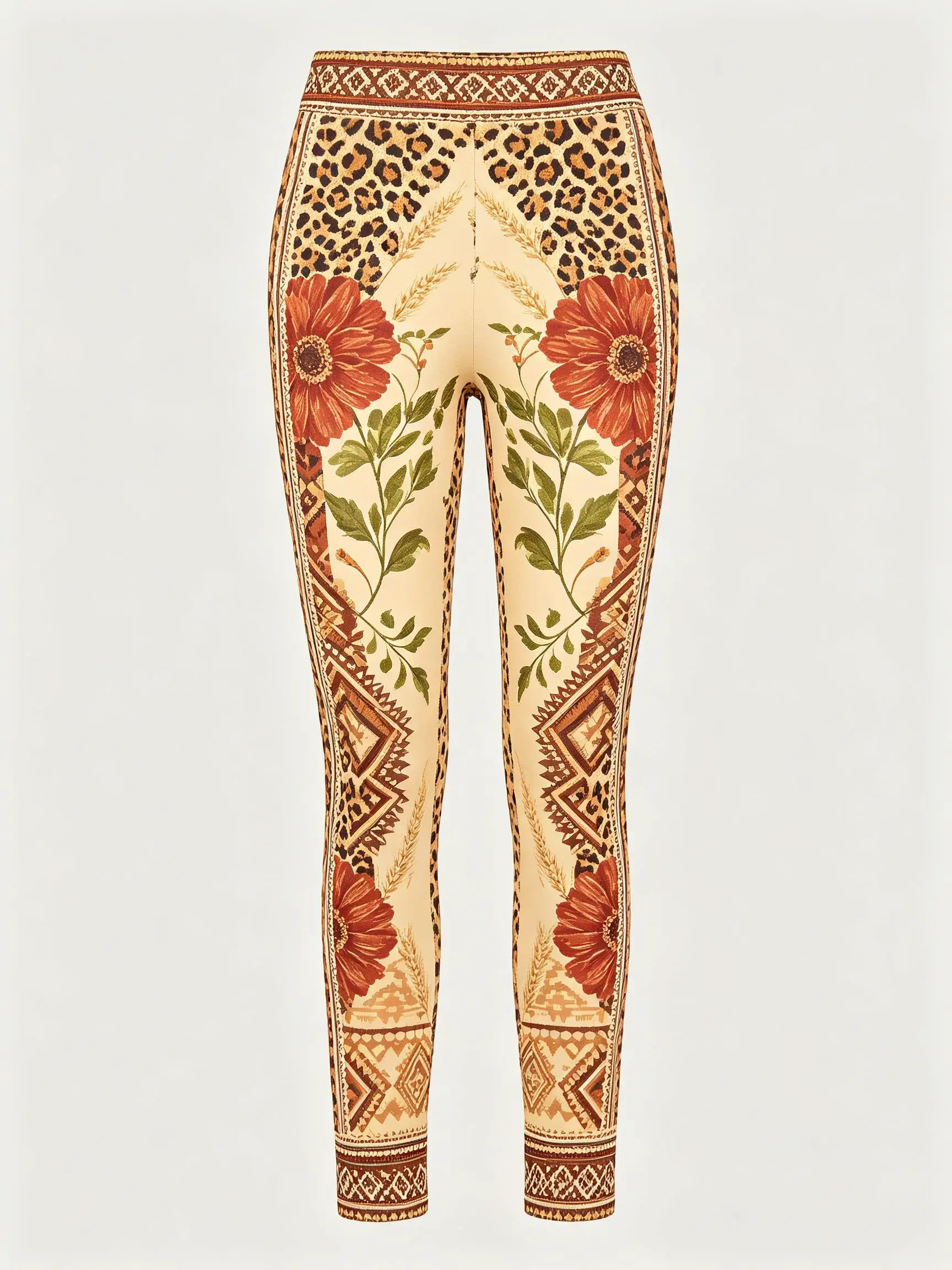 Women Fleece‑lined Mid‑rise Leggings Brown Leopard Waistband Red Rose Floral Vine Tribal Border Print Slim Stretch  Casual Pants - view 3
