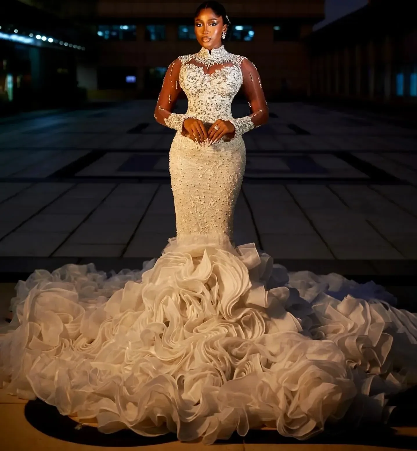 

2025customized African Wedding Dress With Ruffles Tiered Train Sheer Neck Pearls Beads Lace Mermaid Bride Gown Vestidos De Noiva