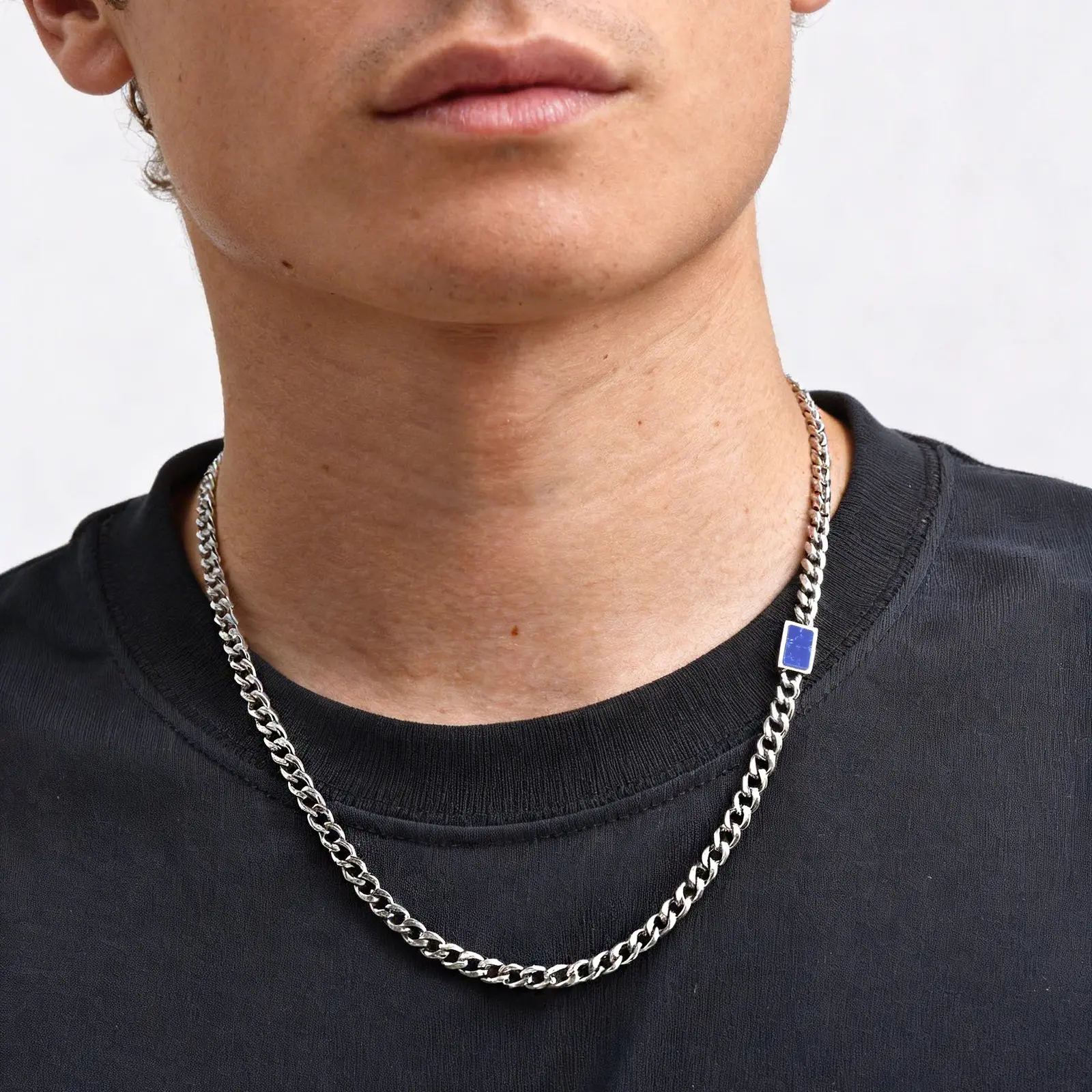 Herren-Halskette mit blauen Natursteinen, 5mm Trendige Edelstahl-Panzerkette, Hip-Hop Punk Schmuck Geschenk – Detail 2