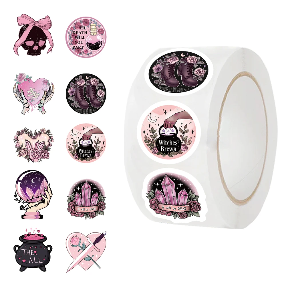 500 Stück schwarz rosa Gothic-Stil magische Hexe Cartoon Aufkleber DIY Telefon Laptop Gepäck Skateboard Graffiti Aufkleber Spaß für Spielzeug
