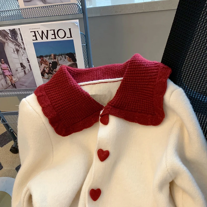 Women\'s Cardigan Sweater Coat Red White Contrast Doll Neck Knitwear Autumn Winter 2023 New Sweet Thicked Heart Button Sweaters