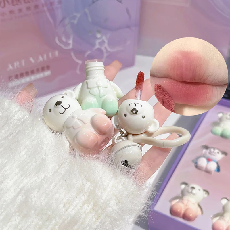 ART VALUE Schattige beer make-upset inclusief 6 * matte vloeibare lippenstift, 2 * beer ornamenten, 1 * lippenbalsem, 1 spiegel, 1 * ketting cadeau cosmetische kit