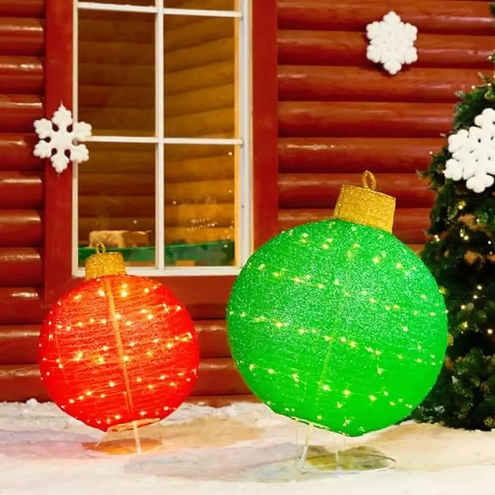 Lighted Outdoor Christmas Ornaments Set with 180 LED Lights 8 Functions Pop-Up Large Holiday Ball Decorations All Weather Design