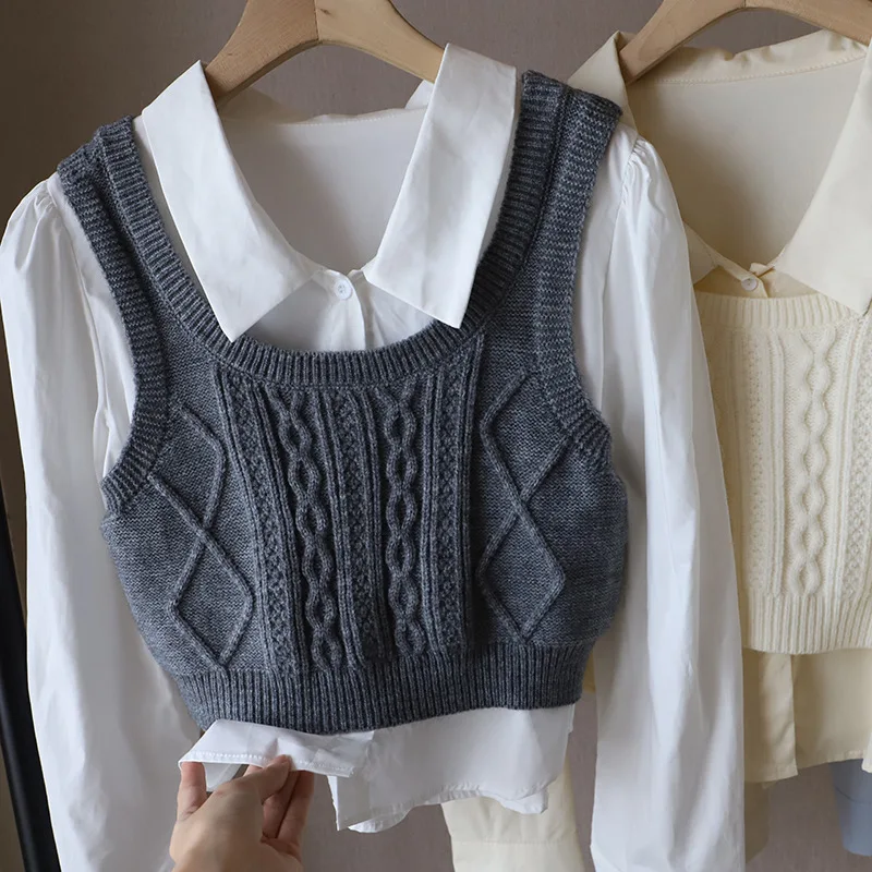 College Sle Long Sve Bubble irt Gilet lavorato a maglia Set due pezzi Autunno Nuova versione coreana Ele Top a strati irt