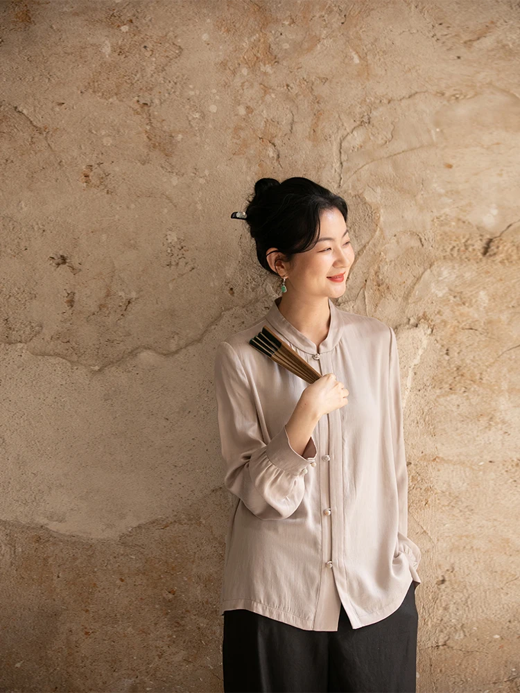 

Limited Edition Cool Copper Ammonia Long Sve irt New Chinese Sle Simple Retro Top Women's Spring Faion Commute Wind