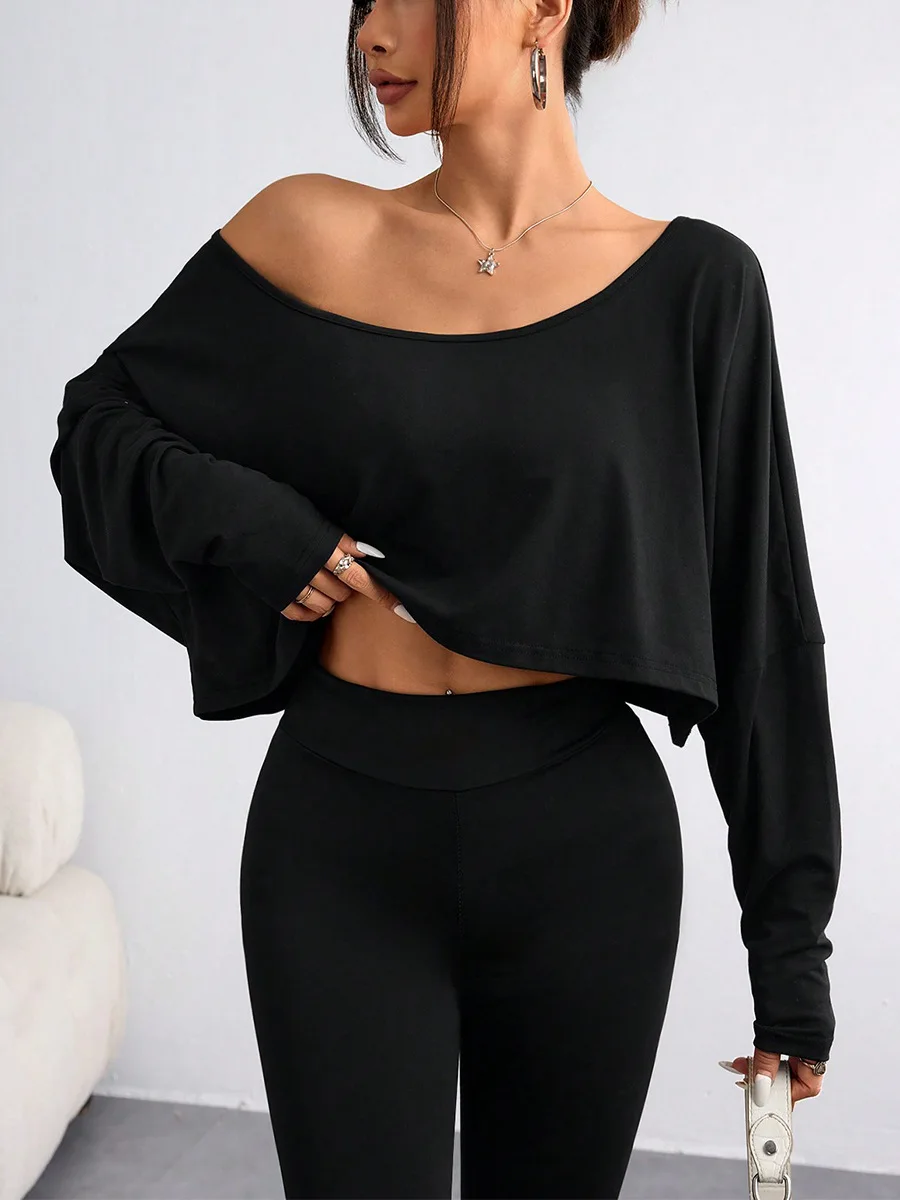 

Spring Summer Casual T-shirt Solid Color Loose Daily Commuting Style Tops Oblique Shoulder Long Sleeve Short Woman Clothes