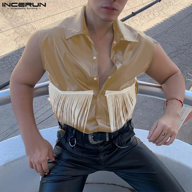 INCERUN Men Shirt PU Leather Tassel Patchwork Lapel Sleeveless Casual Men Clothing Summer Button Streetwear 2024 Fashion Vests