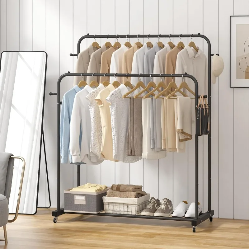 Double Rods Garment Rack with Wheels, Clothing Rack for Hanging Clothes,4 Hooks, Multi-functional Bedroom Clothes Rack