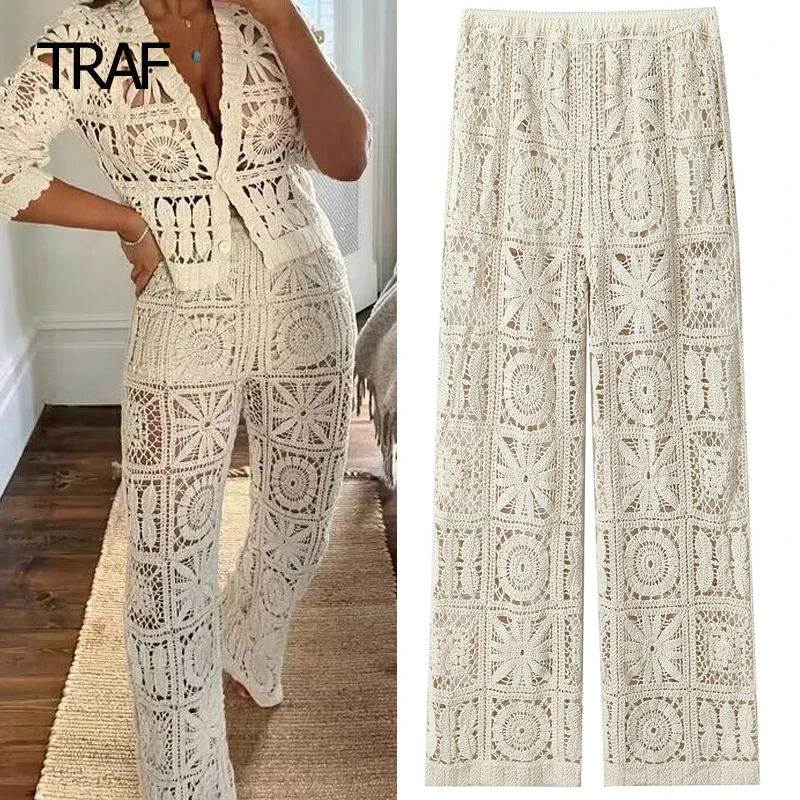 TRAF Crochet Cutwork Pant Women\'s Pant Spring Summer 2024 Mid Waist Aesthetic Pants Korean Style Trousers Elegant Casual Pants