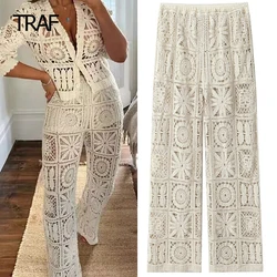 TRAF Crochet Cutwork Pant Women's Pant Spring Summer 2024 Mid Waist Aesthetic Pants Korean Style Trousers Elegant Casual Pants