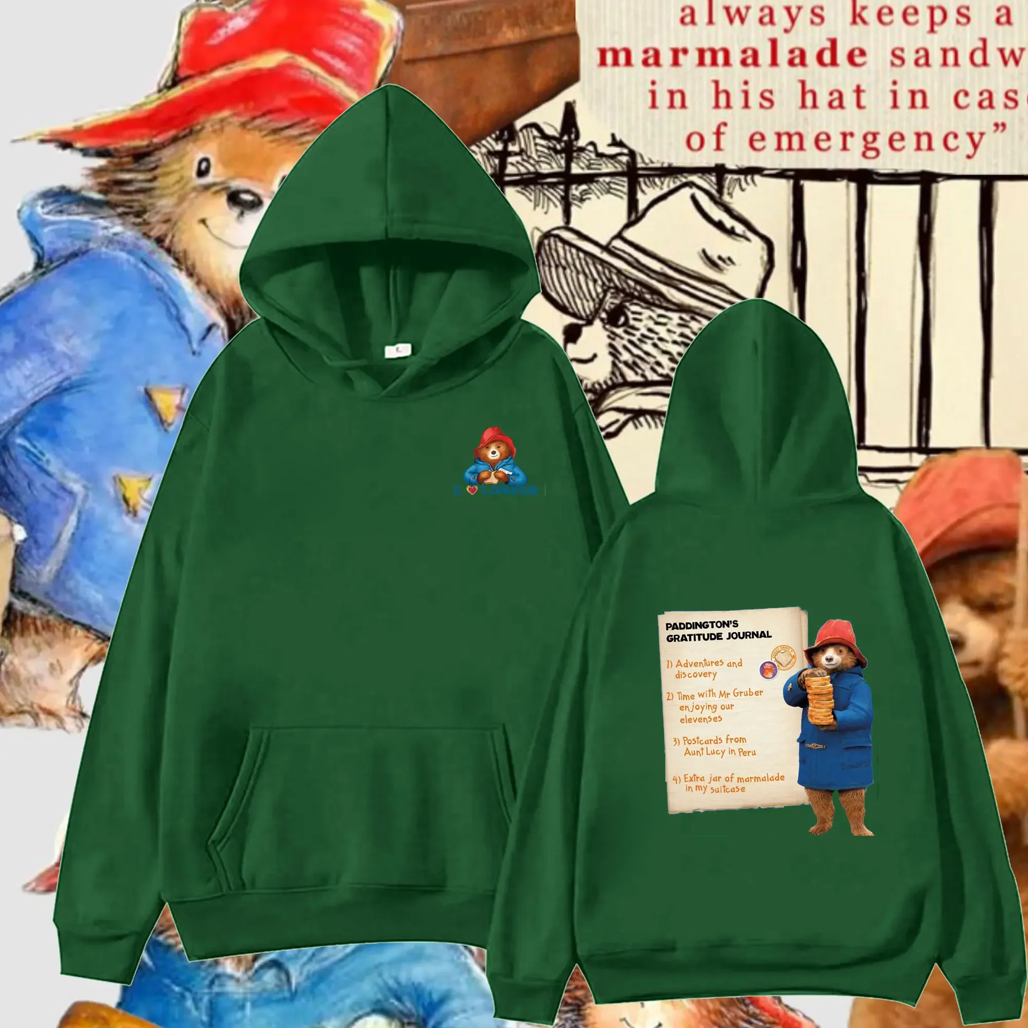 Retro and Funny Paddington Bear in London Graphic Woman Hoodies Double-sided Print Unisex Hoodie Loose Pullover Sweatshirt Tops