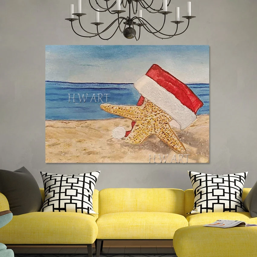 Starfish Cartoon Style Textured Handmade Oil Paintings, Seaside Scenery Art Picture, Abstract Canvas, Frameless Wall Mural