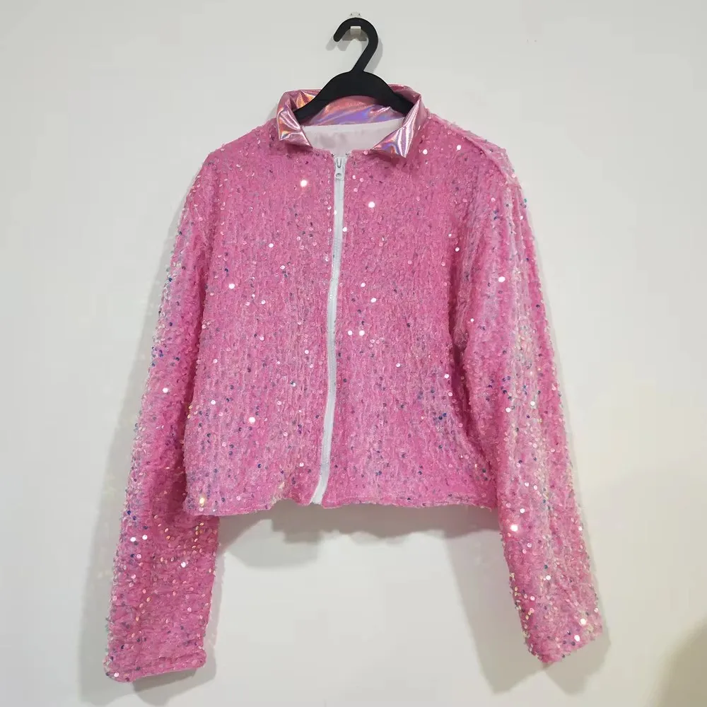 

White Pink White Velvet Sequins Jacket Zipper Slim Coat for Women Jazz Dance Team Stage Performance Costume