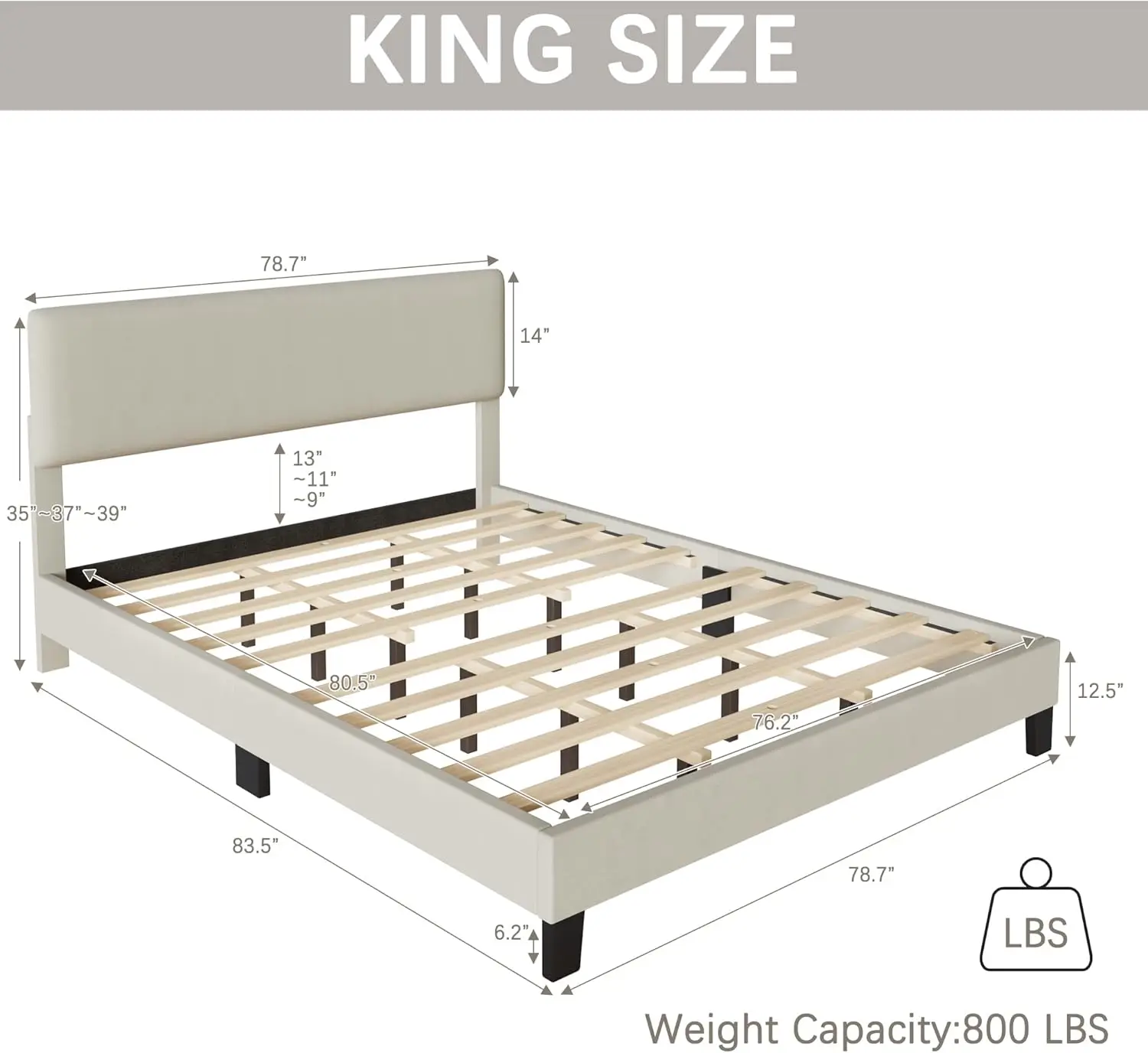 Cadre de lit extra large avec plateforme rembourrée, support en bois, facile à assembler, couleur beige