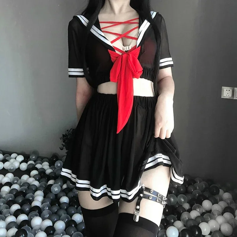 Sexy Hot Passion Blood Drop Uniform Temptation Tease Transparent Student Sailor Suit Kawaii Lingerie Schoolgirl Cost CMM221