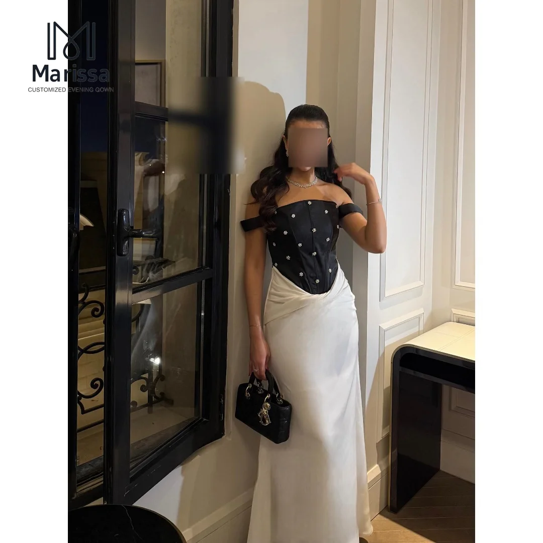 

Marissa Custom Made Wedding Dress Evening Dresses D/party Black and White Color Two-piece Set Fishtail Satin Off-shoulder Prom