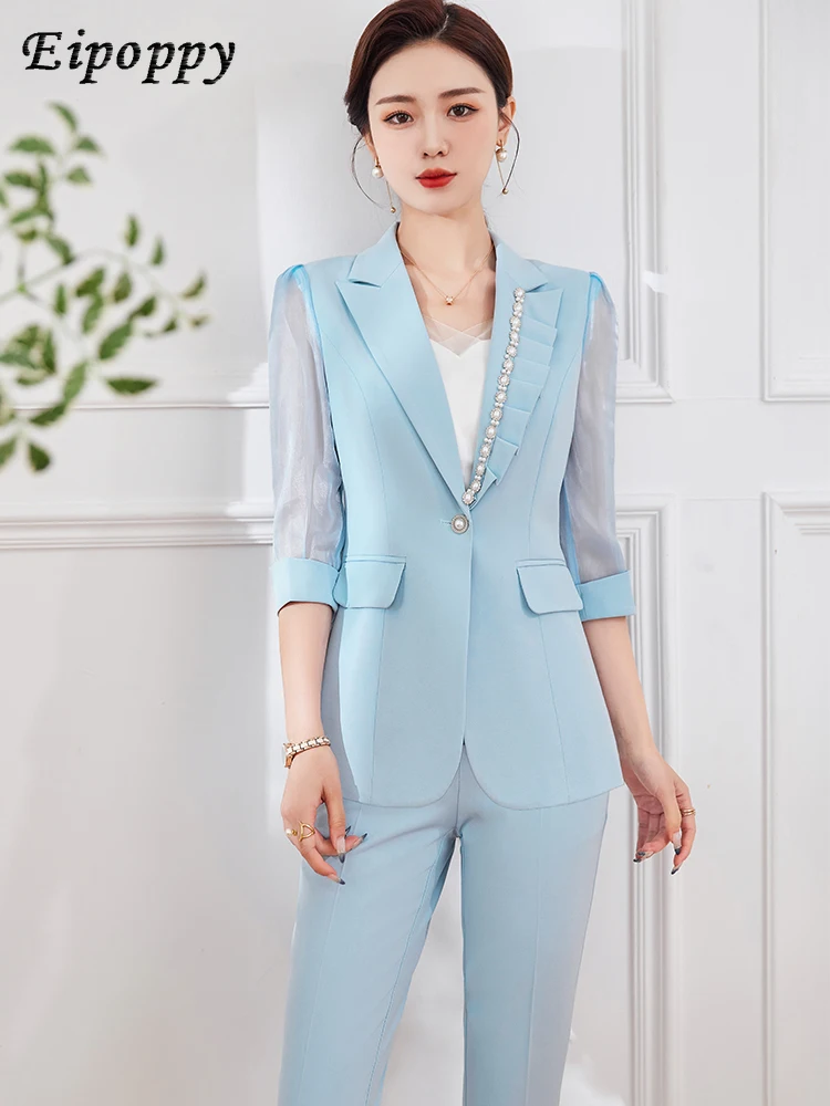 

Spring Summer Office Ladies Pant Suit Women Blue White Half Sleeve Business Work Wear Blazer And Trouser Formal 2 Piece Set