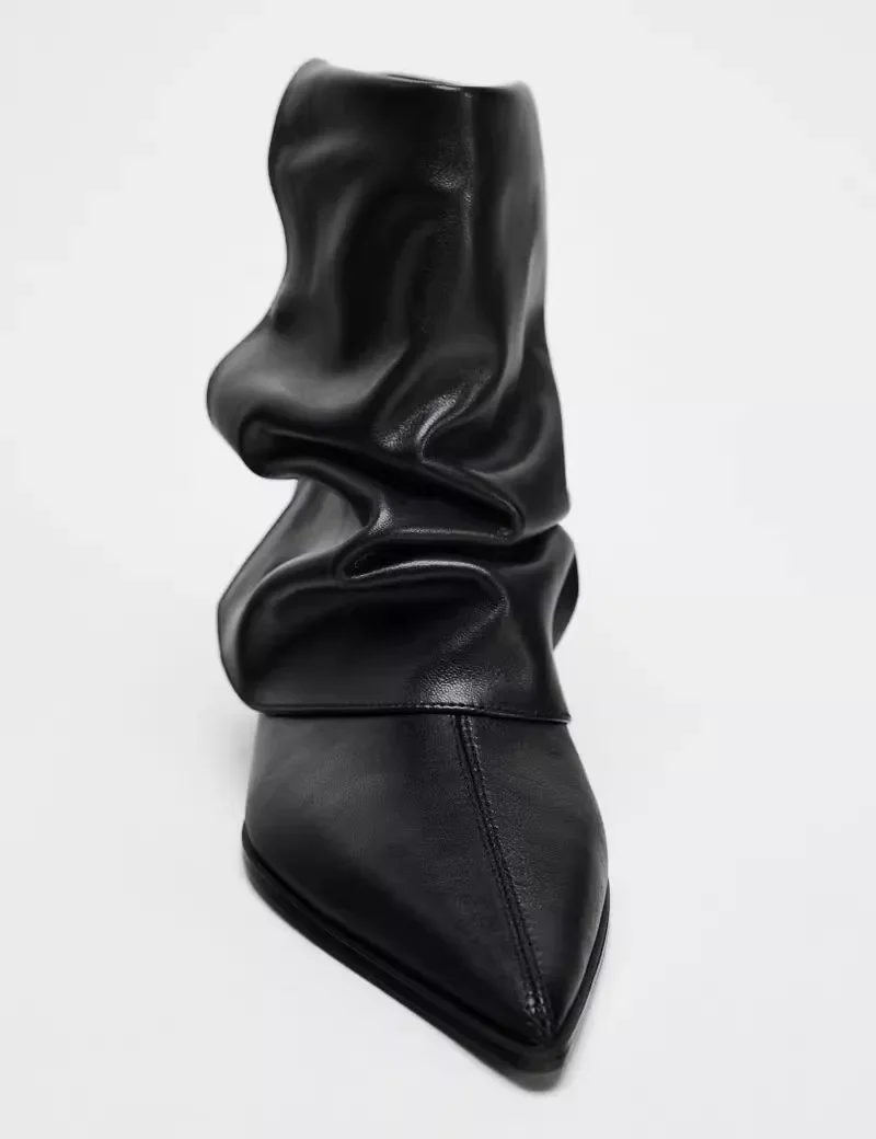 Leder-Designer-Damenstiefel mit Kitten-Heel, Schwarz, Sexy Spitze, Hohe Absätze, Kurze Stiefel, Damen-Winterstiefel mit Falten, Damen-Knöchelstiefel – Detail 18