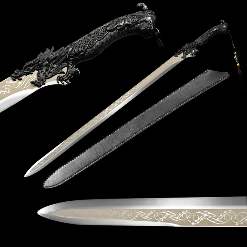 

Dragon Theme Chinese Sword High Manganese Steel Full Tang PU Saya Handforged Art Swords Props Decoration Use Non Sharp