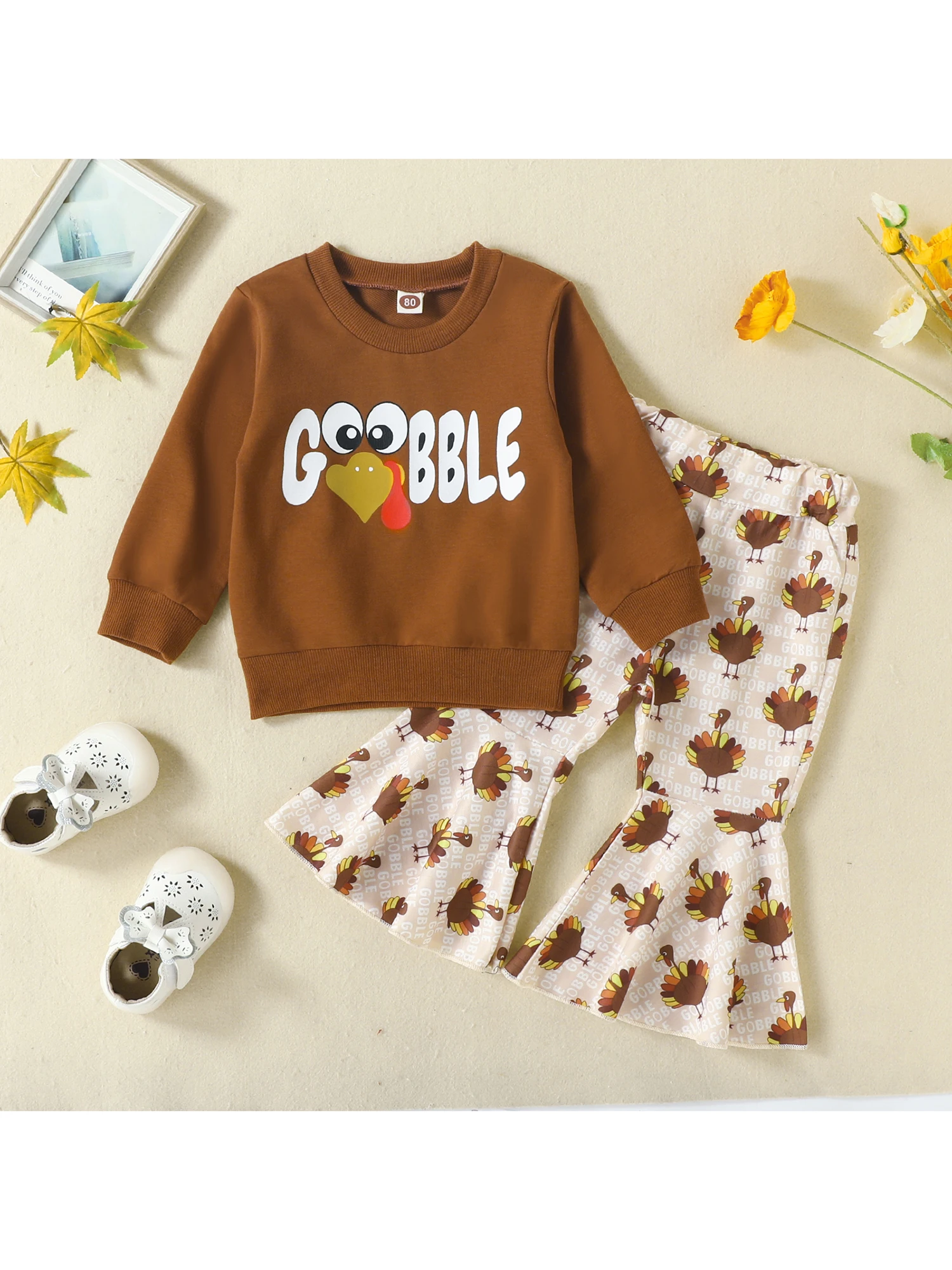 Thanksgiving Day Toddler Girl Outfit Cute Long Sleeve Top and Flare Pants Set for a Festive Look