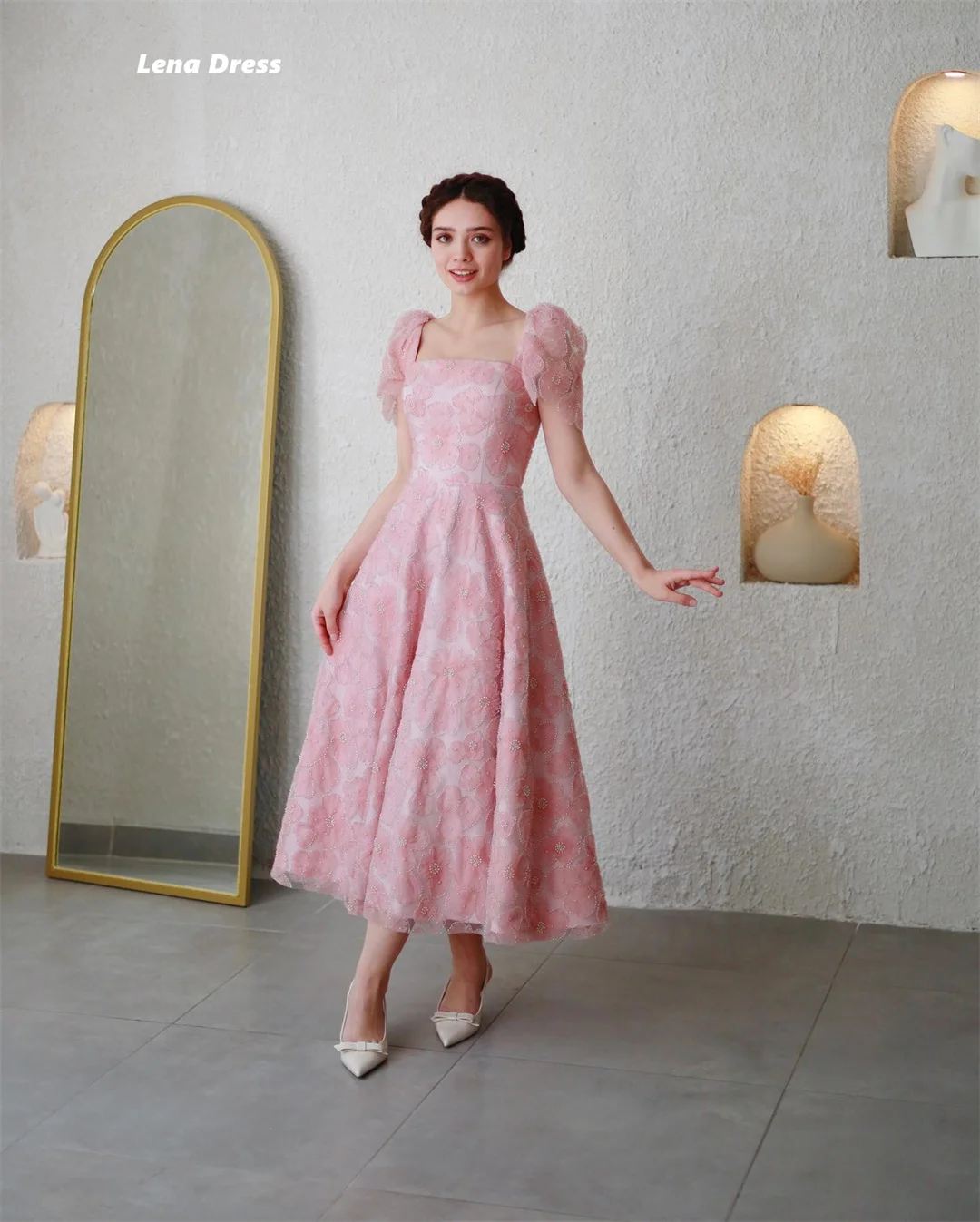 Lena Custom Made Prom Dresses 2025 Luxury Evening Dress Woman Luxurious Party Dress Pink Square Collar Floral Lace Short Sleeves