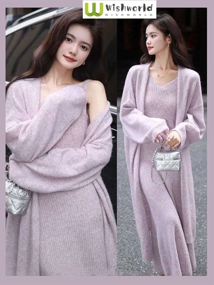 

Autumn and Winter Korean Version Gentle Style Temperament Mid Long Knitted Cardigan Vest Woolen Skirt Two-piece Set