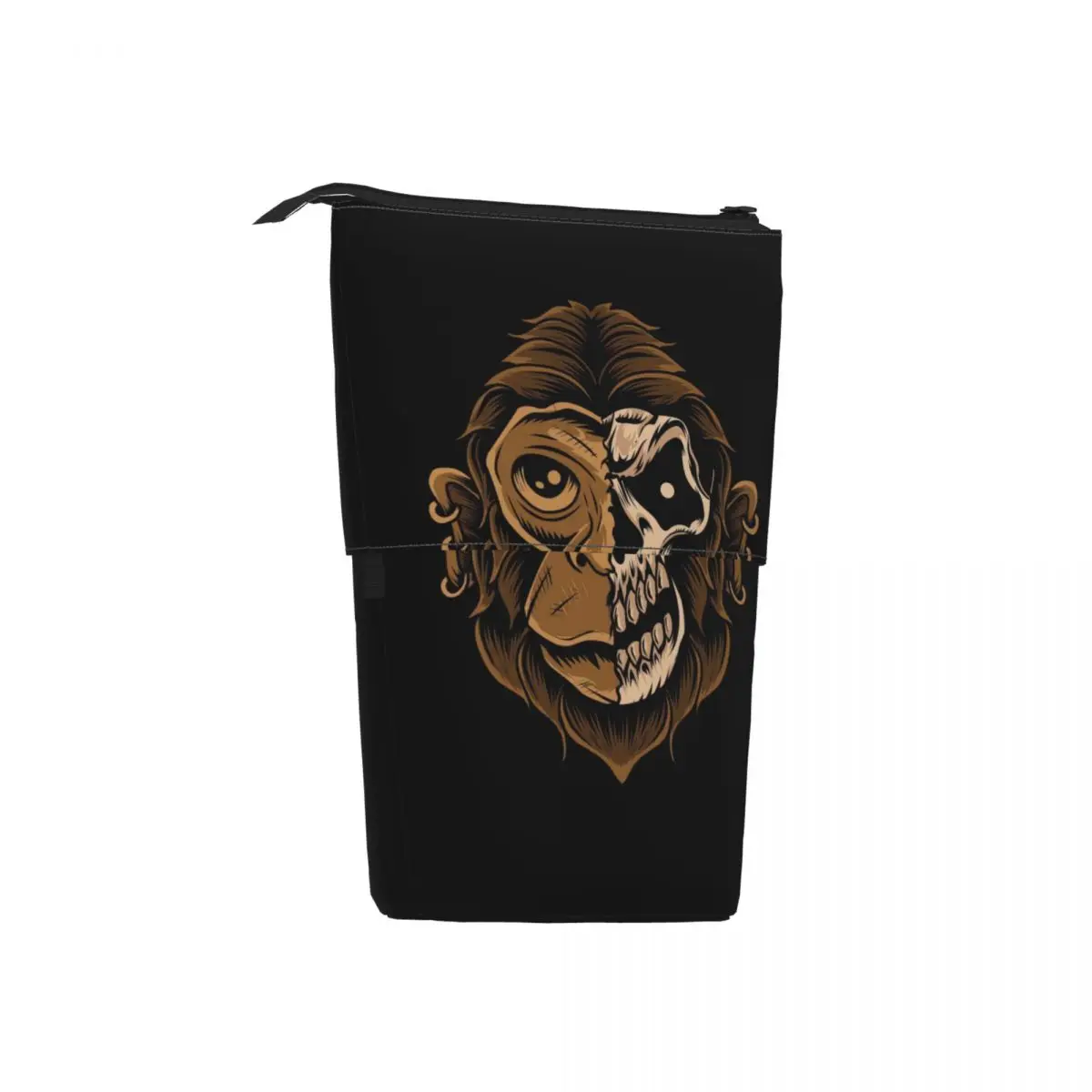 Monkey Skull Head On Black Background Pen Box Student School Zipper Pen Bag Vertical Retractable Pencil Case