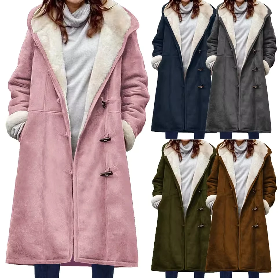 Women Winter Outerwear Fashion Warm Fleece Lined Suede Thicken Warm Hooded Coat Outerwear Real Coats Women