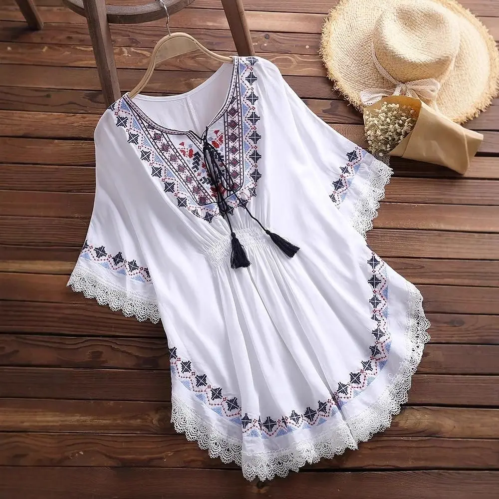 

Sweet Lace-up Tassel Bohemian Style T-shirt Loose Round Neck Short Sleeve T Shirt Blouses Embroidery Ethnic Style Tops Summer