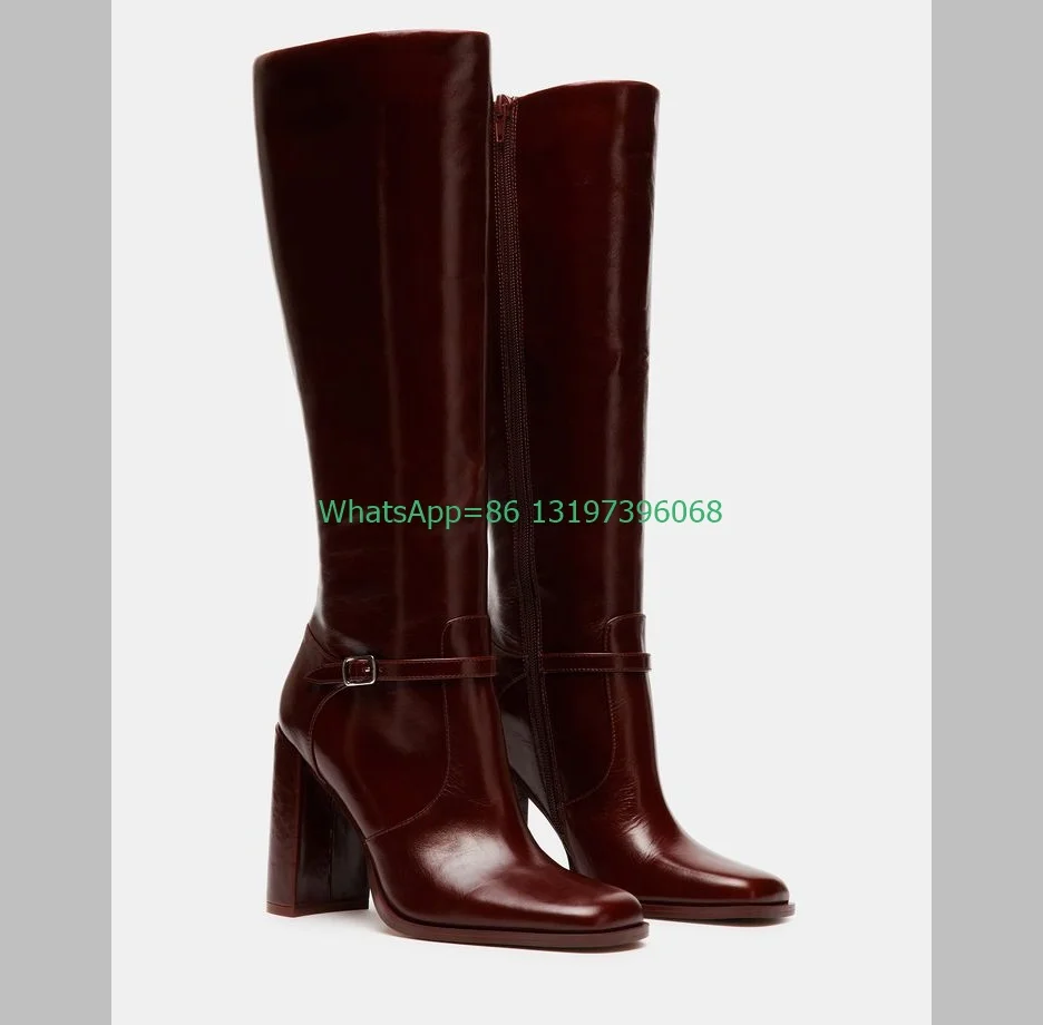 Lady Red Vintage Style Buckle Strap Knee Boots Side Zip Square Toe Chunky Heel Boots Patent PU Boots Mirror Red Vintage Red Boot