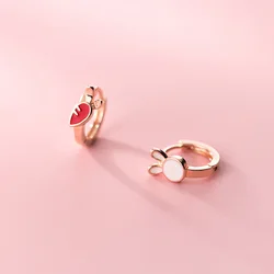 SMTCAT New 925 Sterling Silver Mini Tiny Rabbit Carrot Asymmetry Hoop Earring for Women Fashion Ear Pin Fine Jewelry Kids Gift