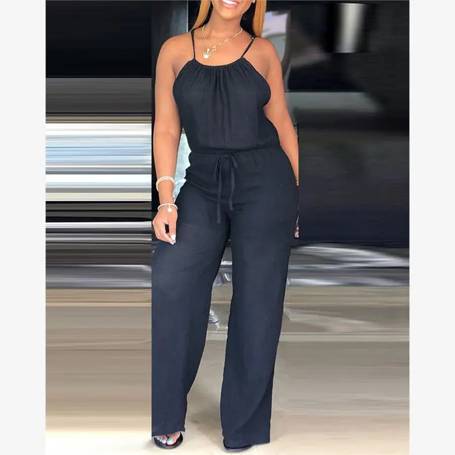 Mono informal de Color puro con cordón para mujer, traje de una pieza con tirantes finos, pantalones largos de calle, tela de poliéster