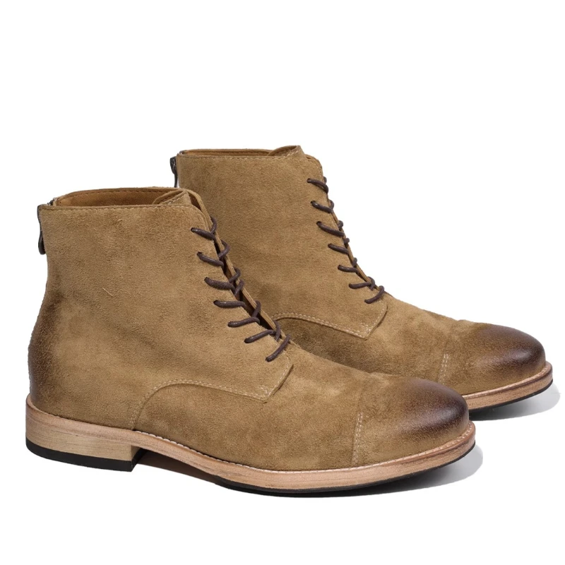 

Retro Suede Cowhide Oxford Boots Shoes for Men's Genuine Leather Short Boots Side Zipper Design High Top Horsehide Handmade Shoe