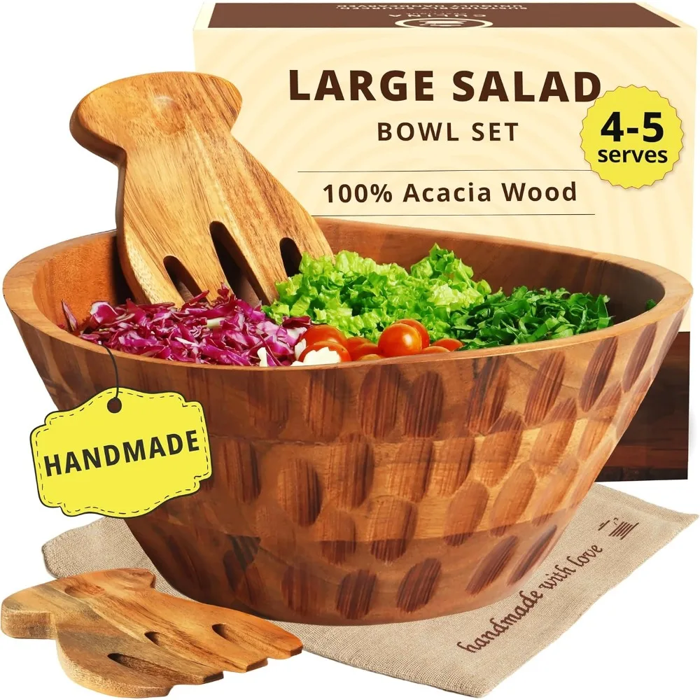 

Large Acacia Wood Salad Bowl Set with Utensils - 11" Mixing Bowl for Food, Fruit, Pasta - Easy Clean Kitchen Decor Gift