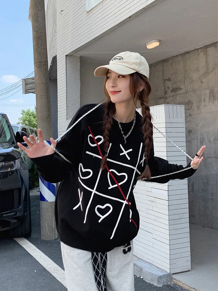 

2023 New High Street Graffiti Sweaters Retro Casual Autumn And Winter Sweaters Crew Neck Oversized Pullover Knitted Clothes Y2k