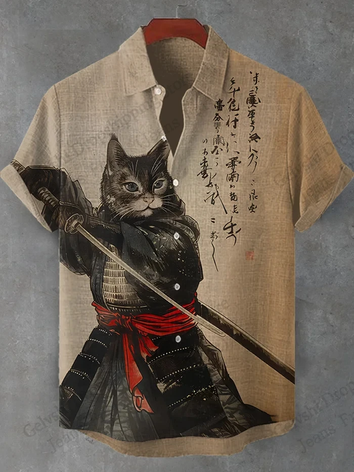 

Мужские рубашки Warrior Samurai Cat Print Гавайская пляжная рубашка для мужчин Гавайская рубашка с 3d принтом Женская модная блузка с коротким рукавом Новинка